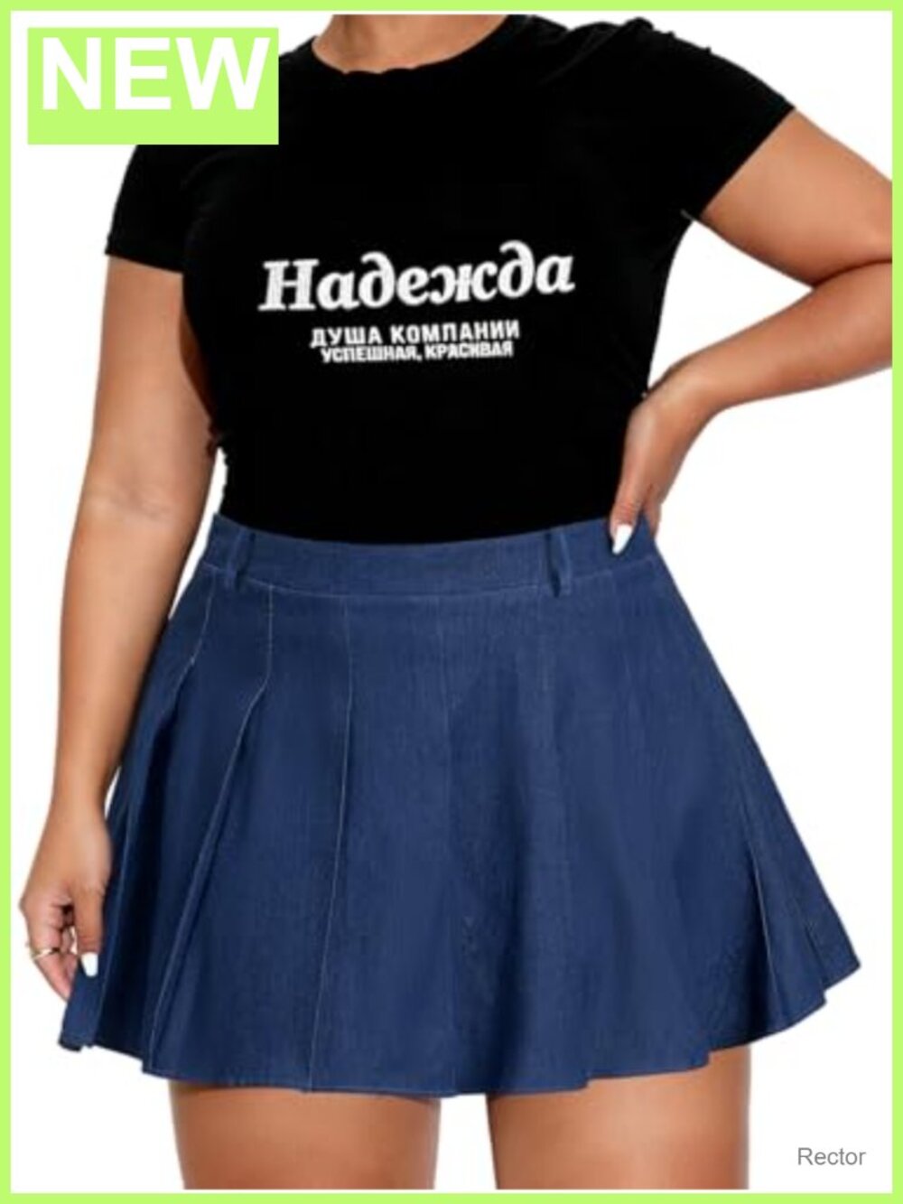 Plus Size Denim Pleated Skirt with Built-in Shorts & Pockets High Waist A-Line